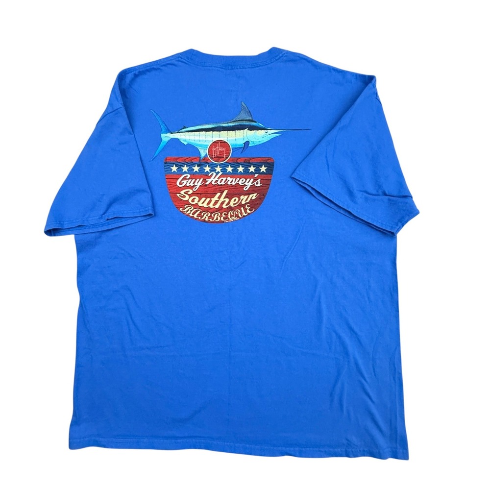 Guy Harvey T-Shirt Mens Extra Large Blue Southern Barbeque Marlin Pocket Graphic